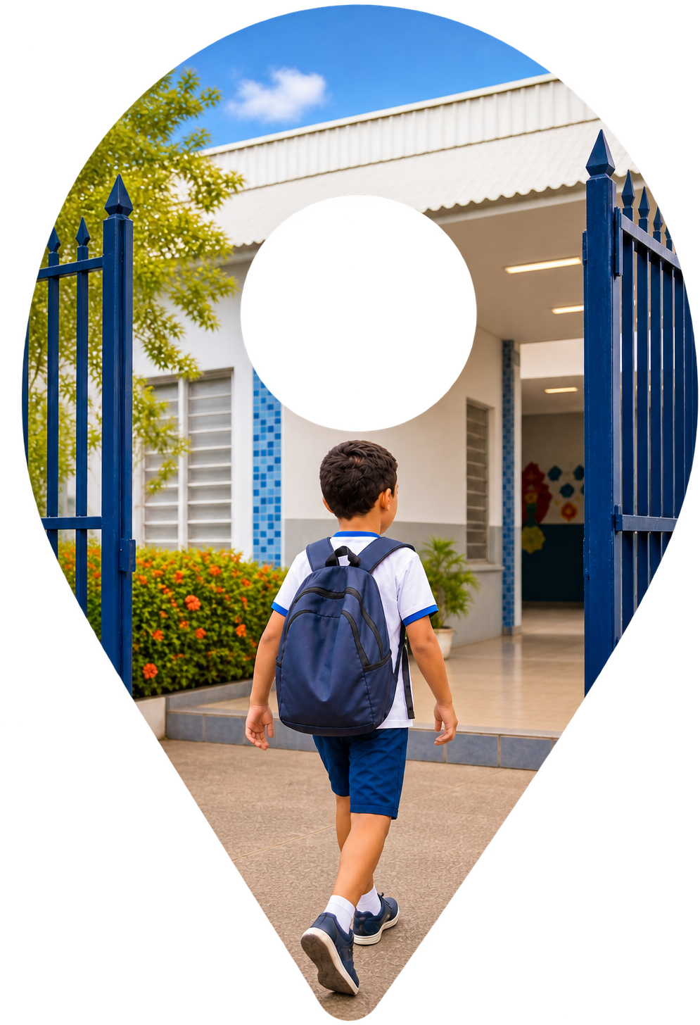 A criança entrando na escola com a mochila nas costas, dentro do pin de localização