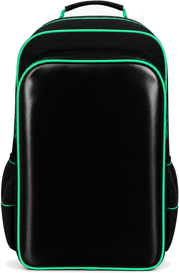 A mochila ApolloTrack vista de frente: preta, com frisos verdes