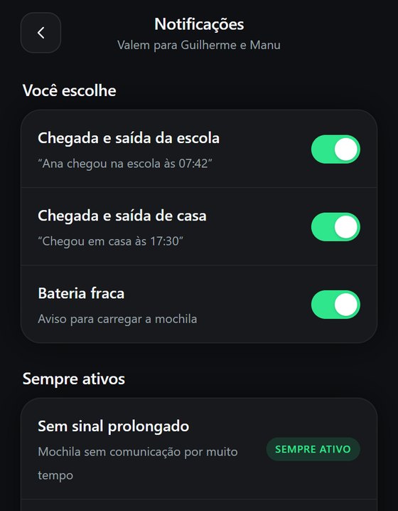 Tela de notificações: chegada e saída da escola e de casa, bateria fraca