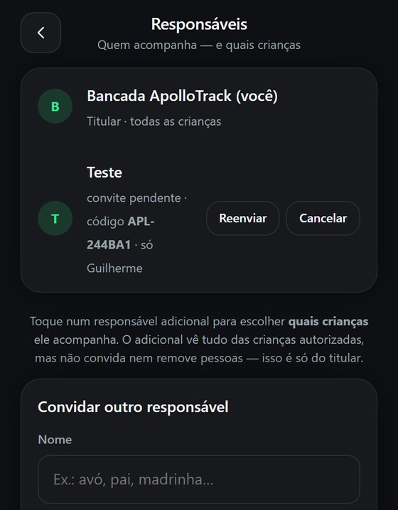 Tela de responsáveis: quem acompanha e o convite para outro responsável