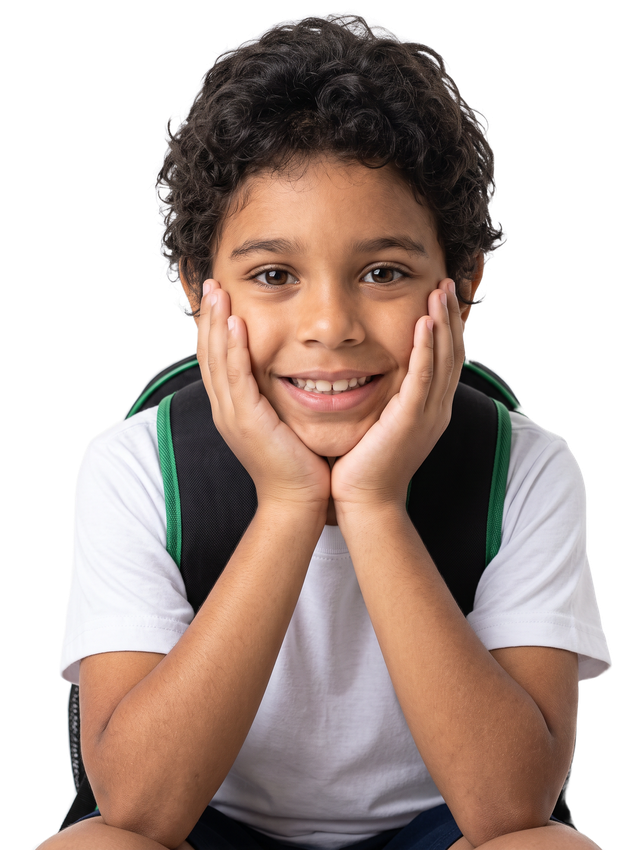 Um menino de uniforme escolar, sorrindo para a câmera com as mãos no queixo e as alças da mochila nos ombros